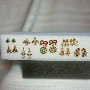 Christmas Holiday Post Earrings 10 pairs Enamel Rhinestone‎ Bead EUC
